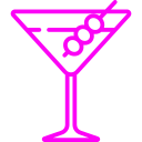 Icono de un cóctel en color rosa, representando una bebida refrescante con aceitunas. Ideal para ilustrar contenido sobre cócteles, bares y recetas de bebidas.
